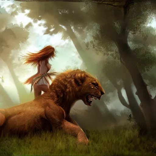 Image similar to girl riding a giant lion in the forest, trending on artstation