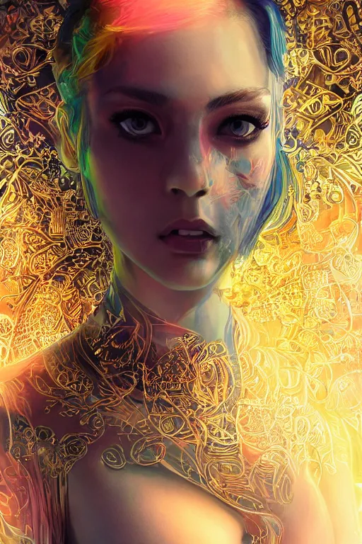 Image similar to An extremely beautiful neon-noir kawaii ornate highly detailed HD portrait of a young attractive woman with a silky bio-luminiscent holographic dress, neo-cyberpunk, professionally painted digital art illustration, smooth, sharp focus, atmospheric lighting, highly detailed illustration highlights, golden ratio, symmetrical facial features, extremely detailed winning award masterpiece, very coherent symmetrical artwork, sense of awe, 8K post-processing, trending on artstation flawless, prismatic highlights, telephoto, depth of field, cinematic, macro, concept art, wepa digital, elegant, epic, octane render, v-ray, C4D