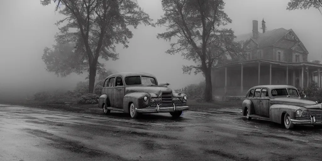 Image similar to Lovecraft Country, ultra detailed haunted house, establishing atmospheric shot, octane renderer, F11 aperture, night, volumetric fog, lighting and thunder, stormy weather, ultra detailed rain drops, reflections, film grain, single ultra detailed grey 1948 Packard Station Sedan parked in the street,