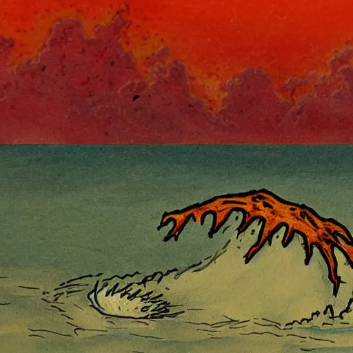 Prompt: nightmare monster emerging from sea surface, but monster is dendritic, thunderstorm in background, color