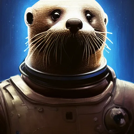 Image similar to hyperrealistic portrait of an athropomorphic otter wearing an astronaut outfit, bladerunner street, art of elysium by jeremy mann and alphonse mucha, fantasy art, photo realistic, dynamic lighting, artstation, poster, volumetric lighting, very detailed face, 4 k, award winning, cinematic lighting, deviantart, artstation, cg society