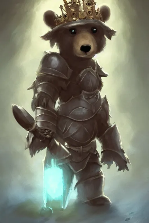 Image similar to cute little anthropomorphic bear knight wearing a cape and a crown, tiny, small, miniature bear, baby animal, short, pale blue armor, cute and adorable, pretty, beautiful, DnD character art portrait, matte fantasy painting, DeviantArt Artstation, by Jason Felix by Steve Argyle by Tyler Jacobson by Peter Mohrbacher, cinematic lighting