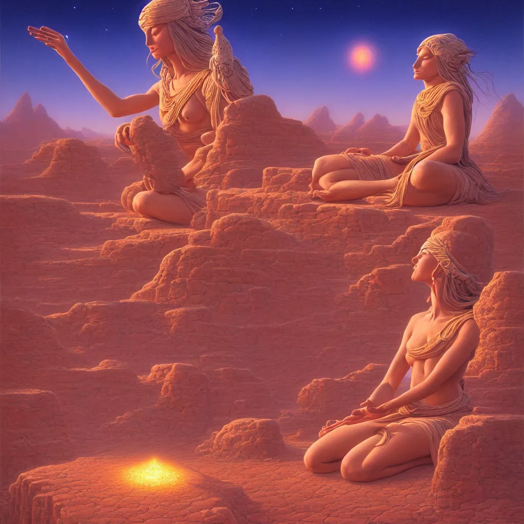 Prompt: goddess meditating in the desert, tim hildebrandt, wayne barlowe, bruce pennington, donato giancola, larry elmore, oil on canvas, masterpiece, trending on artstation, featured on pixiv, cinematic composition, beautiful lighting, sharp, details, hyper - detailed, hd, hdr, 4 k,