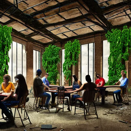 Prompt: A group of people playing poker at a poker table in the middle of an abandoned building, big room, with vines and plants growing out of cracks, broken walls and ceiling with natural light shining through, the light shows dust in the air, digital art, award winning art, 8k