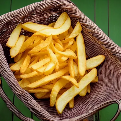 Prompt: potatos crisps and chips in a basket, romantic modern art