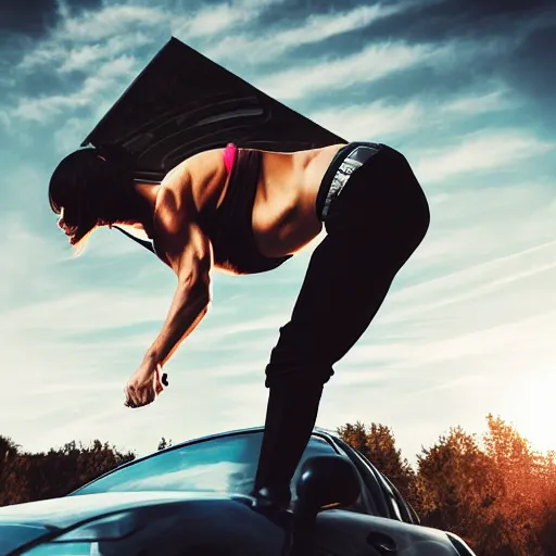 Prompt: car jumping, bodybuilder, woman, holding, photo, digital art, hands, underbody, tire, throw, standing