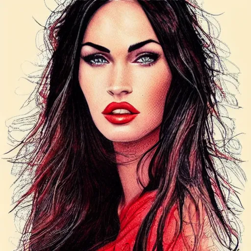 Prompt: “Beautiful Megan Fox Red pencil paintings, ultra detailed portrait, 4k resolution”