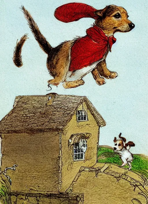 Image similar to jack russel terrier jumping from the ground over a small house, illustrated by peggy fortnum and beatrix potter and sir john tenniel