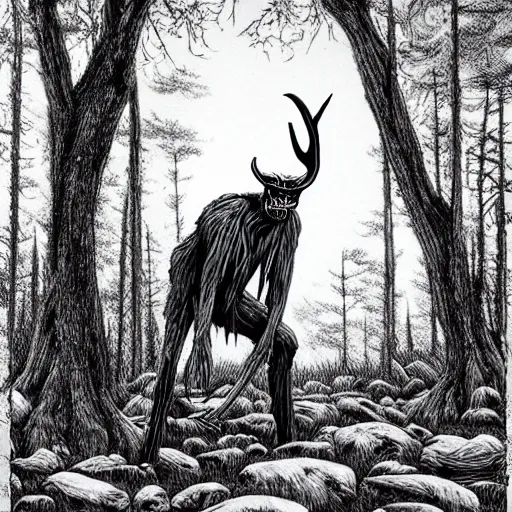 Prompt: wendigo in the woods, Michael Whelan, pen and ink, black and white