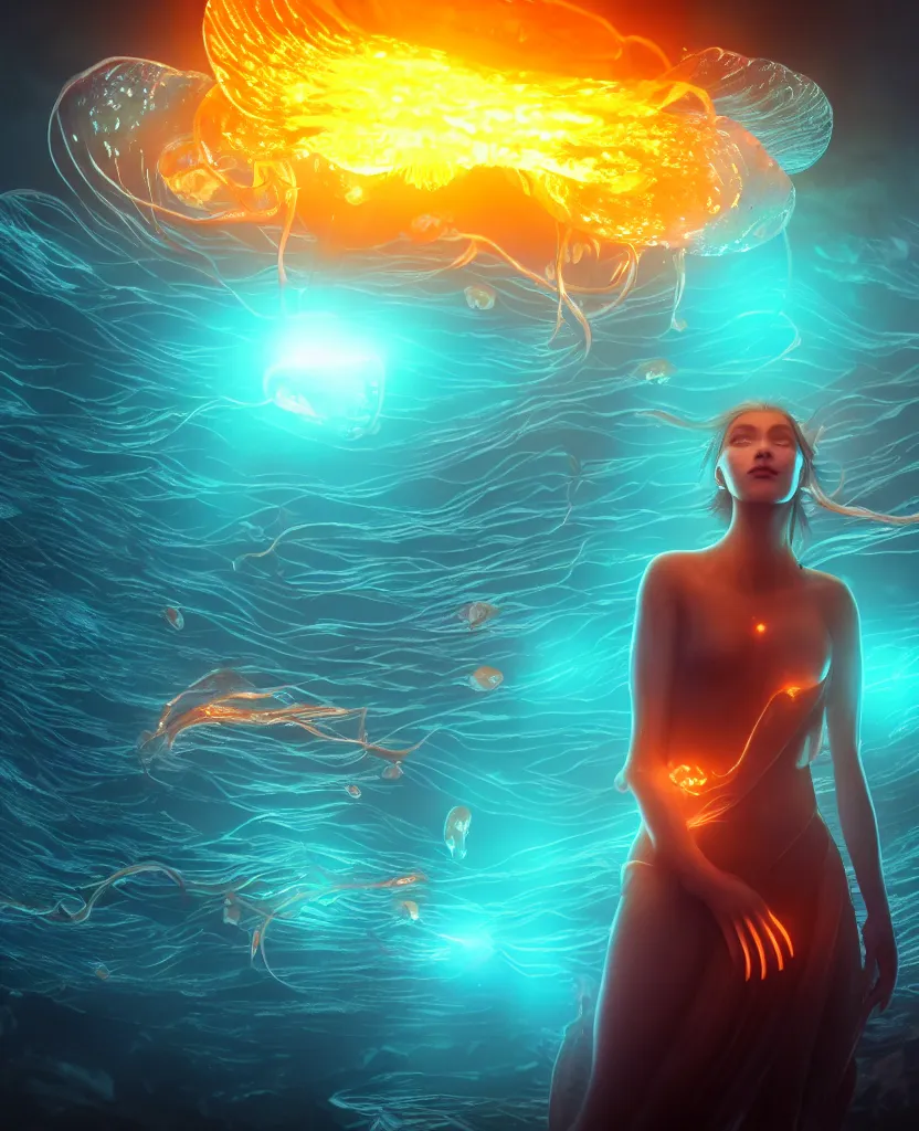 Prompt: close-up portrait of a beautiful girl floating in ethereum surrounded by floating jellyfish, energy flows of fire and water, flashes of plasma, 3d with depth of field, blurred background, a highly detailed epic cinematic concept art CG render. made in Maya, Blender and Photoshop, octane render, excellent composition, cinematic dystopian brutalist atmosphere, dynamic dramatic cinematic lighting, aesthetic, very inspirational, arthouse. y Greg Rutkowski, Ilya Kuvshinov, WLOP, Stanley Artgerm Lau, Ruan Jia and Fenghua Zhong