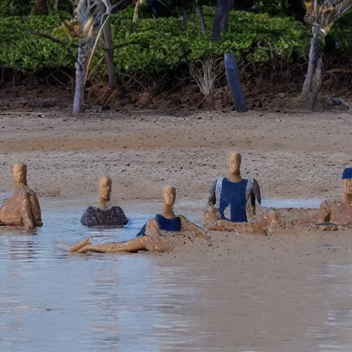 Image similar to plastic mannequins drowning in quicksand on epstein island, highly detailed facial expressions