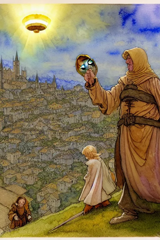 Prompt: a hyperrealist watercolor concept art of an elegant golden ufo in the sky above a small medieval town. one single dirty medieval peasant child is in the foreground pointing up at the sky. very muted colors, by rebecca guay, michael kaluta, charles vess. high detail, hq, wide shot, 4 k