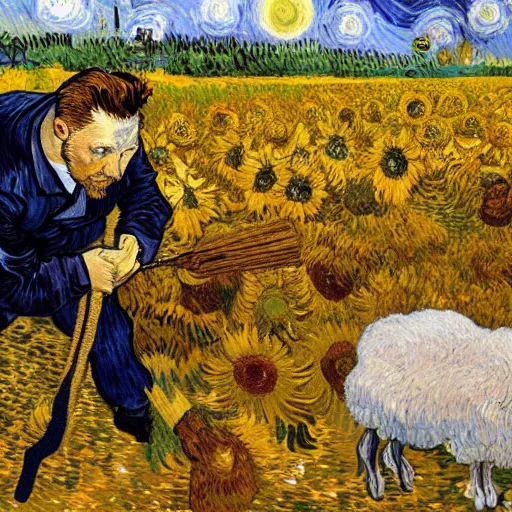 Prompt: Highly detailed van Gogh painting of Elon Musk trimming a sheep in a field of sunflowers