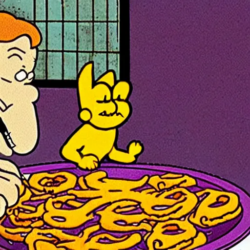 Prompt: Tintin feeding Garfield a Jalebi in a purple bowl