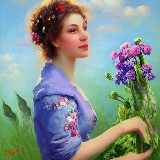 Image similar to a portrait of a romantic woman with flowers grow out of hair, roses peonies forget-me-nots dahlias lupins gladioli, sky theme in background, by Alexandr Averin, Digital Art, Trending on artstation