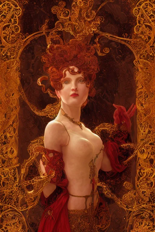 Image similar to tarot card artstation, portrait of an irish love dancer, sunrise, baroque ornamnet and rococo ornament, ancient chinese ornate, hyperdetailed, beautiful lighting, craig mullins, mucha, klimt, yoshitaka amano, red and gold and orange color palatte