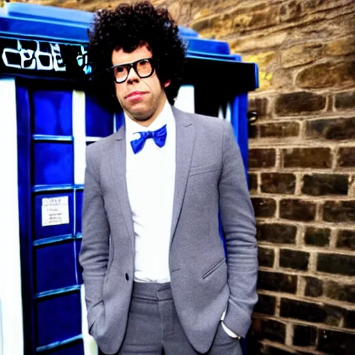 Image similar to Richard Ayoade dressed as Doctor Who, standing next to the TARDIS