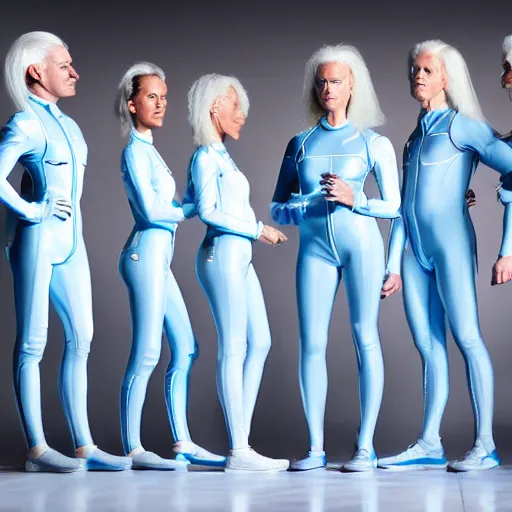 Image similar to troop of identical athletic humans with white hair wearing tight light blue latex suits, in formation, futuristic chemistry lab, sci - fi, highly detailed, hyperrealistic