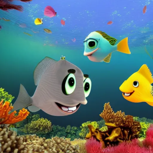 Image similar to a 3d render of two fish underwater watching a boat , in the style of a pixar cartoon, disney cartoon