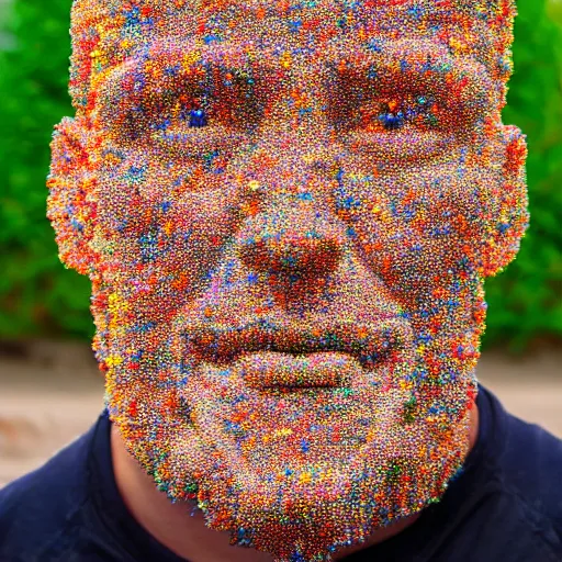 Image similar to a human head sculpture made out of thousands small gummy bears placed on the surface of the ocean, giant sculpture, in the style of chad knight, long shot, hyper detailed, hyper realistic, ray tracing, 8 k resolution, sharp focus, realistic water, award winning