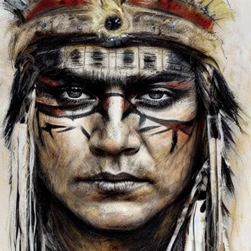 Image similar to A Native American warrior, war paint, realistic, sharp focus, 8k high definition, insanely detailed, intricate, elegant, art by Guy Denning