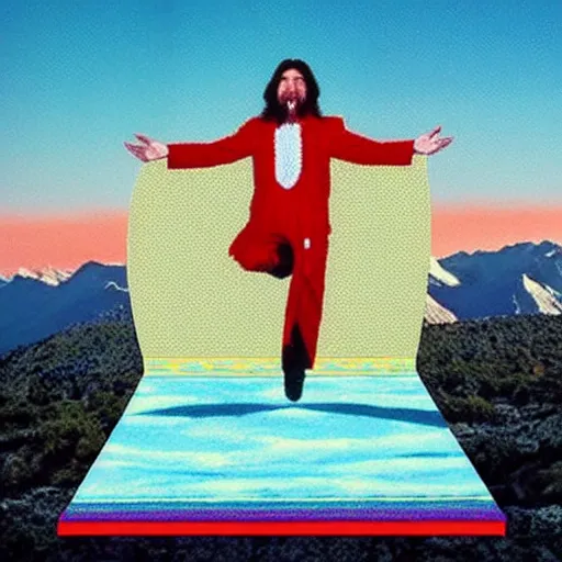 Prompt: “Doug Henning on a magic carpet flying over the mountains in the style of scrojo”