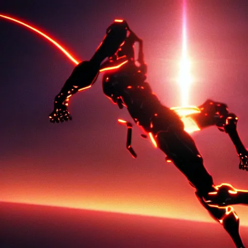 Image similar to movie still of a cyborg evangelion, cinematic composition, cinematic light, warm lighting criterion collection, by edgar allan poe