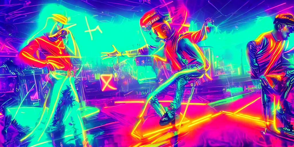 Image similar to rap duo performing with psychedelic light stage show, digital art, vapor wave, hip hop, tron, trending on Artstation, professional artist, detailed, 4k