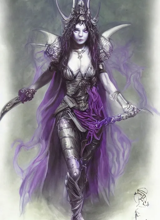 Prompt: portrait of young female sorceress of the endtimes, transluscent skin, silver filigreed armor, lavender hair, beautiful! coherent! dungeons and dragons character, by brian froud, strong line, cool night color, high contrast