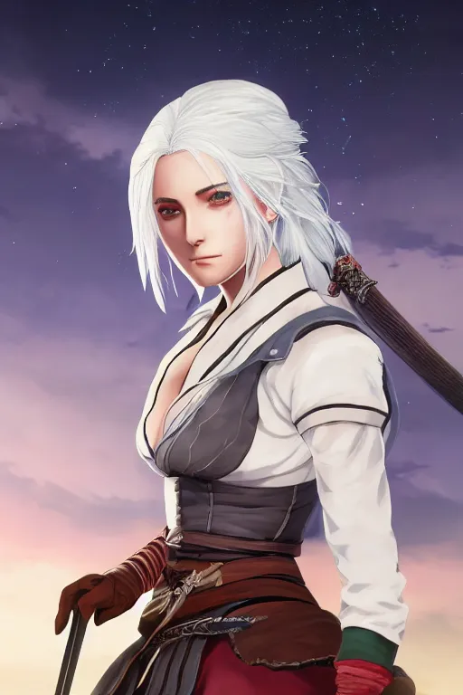 Image similar to anime portrait of ciri from the witcher dressed as a samurai, in the background you can see the milky way. official art, key visual, studio lightning, very detailed bd cover, Studio Ghibli, hyperrealistic, artstationextreme detail, caustics, trending on Artstation, 8K, octane renderer, rtx on