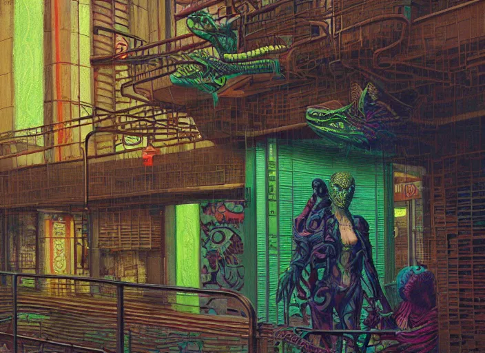 Image similar to reptile people exterior parking garage, bright cyberpunk neon, in the style of jeremy enecio, intricate, miles johnston, monet, cynical realism, john william godward, painterly, yoshitaka amano, miles johnston, louise zhang, pekka halonen, finnish naturalism, realism