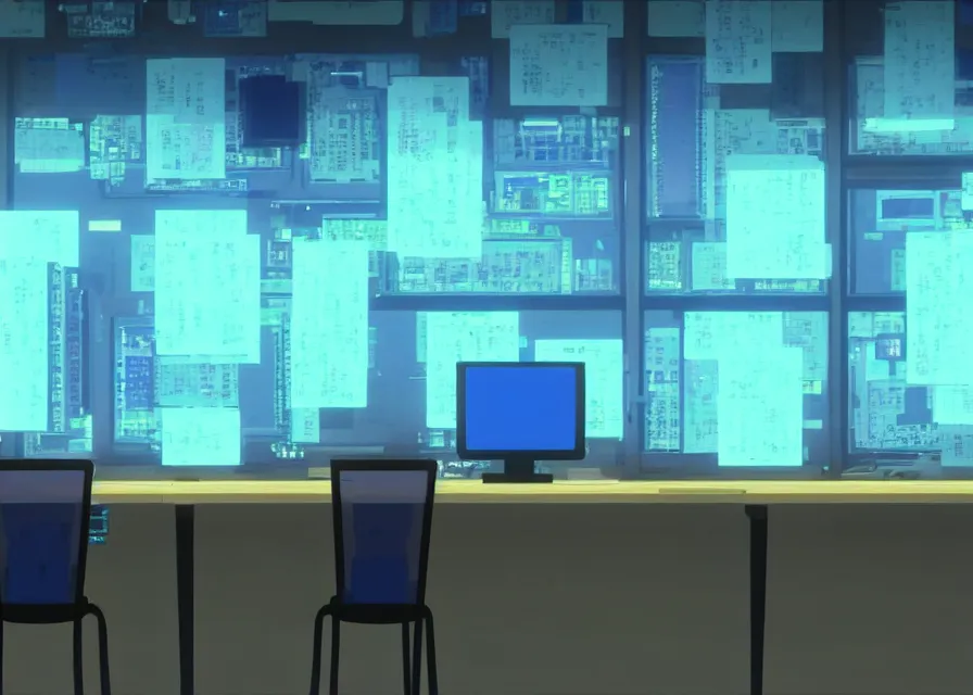 Prompt: an interior room with old pc computers with blue screens stacked on the walls and someone sitting at a desk, makoto shinkai, dusty