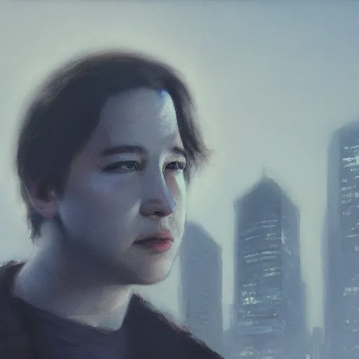 Image similar to closeup portrait of a young bill hicks, dramatic lighting, city background, night, moon, chiaroscuro, high detail, painted by greg rutkowski, painted by igor kieryluk, painted by bobby chiu, trending on artstation