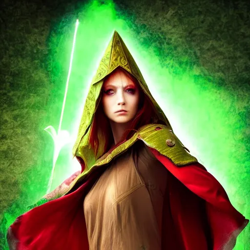 Prompt: a beautiful dnd sorceress with straight red hair a triangular face green eyes and tan skin wearing a green cloak, high resolution film still, 8k, HDR colors, prominent cheeks, makeup