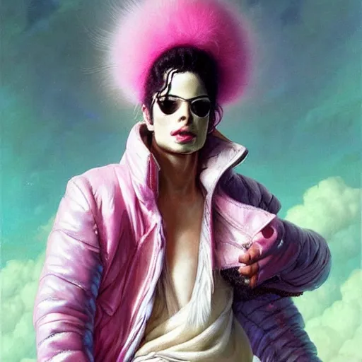 Image similar to beautiful fantasy character portrait, michael jackson, wearing pink puffy bomber jacket with white fur, by peter mohrbacher, hajime sorayama, wayne barlowe, boris vallejo, aaron horkey, gaston bussiere, craig mullins