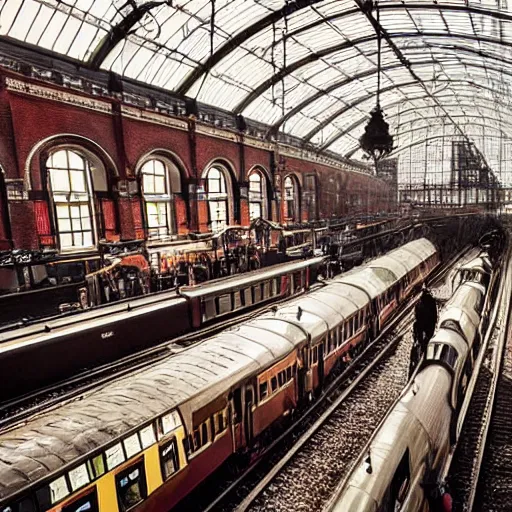 Prompt: A beautiful historical interior of Amsterdam central station with steam locomotives leaving the station, blinding backlight sunset, hyper real highly detailed