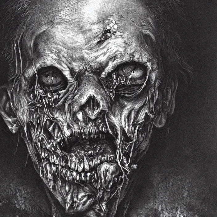 Image similar to extreme closeup portrait of a zombie face, creepy atmosphere, dark, portrait, very realistic, illustration by gustave dore