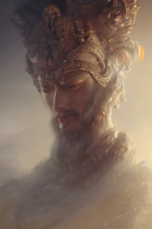 Image similar to chinese god, portrait, powerfull, intricate, elegant, volumetric lighting, scenery, digital painting, highly detailed, artstation, sharp focus, illustration, concept art, ruan jia, steve mccurry