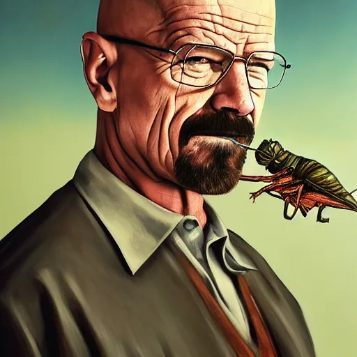 Prompt: painting of walter white eathing delicious a locust, connaisseur, delicious, photorealistic, highly detailed, concept art, matte, smooth, sharp focus, 8 k
