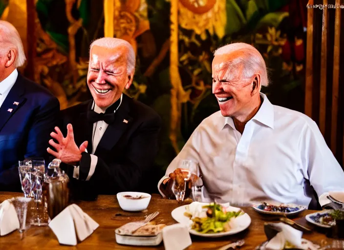 Image similar to Trump and Biden having dinner at a fancy Balinese restaurant, award winning cinematic photography, sigma 85mm Lens F/1.4, blurred background, perfect faces