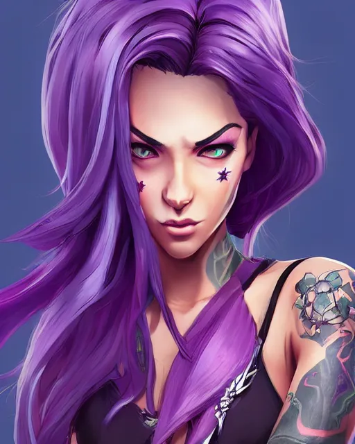 Image similar to beautiful female purple hair with dagger tattoo symmetrical face eyes full length fantasy art apex fortnite Video game icon, 2d game art gta5 cover , official fanart behance hd artstation by Jesper Ejsing, by RHADS, Makoto Shinkai and Lois van baarle, ilya kuvshinov, rossdraws