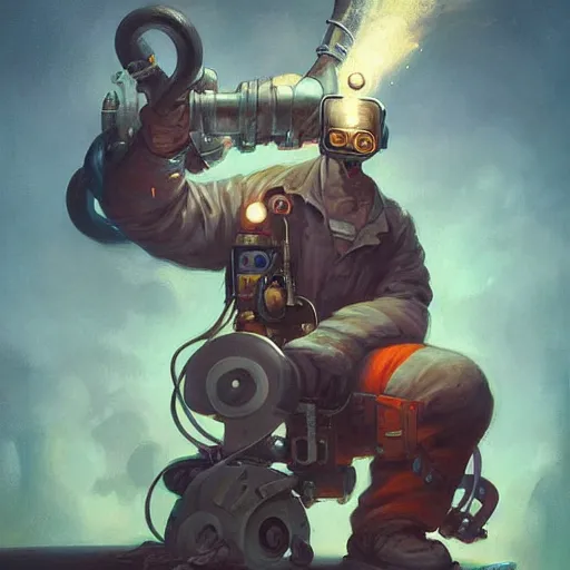 Image similar to beautiful welder portrait cinematic by peter mohrbacher