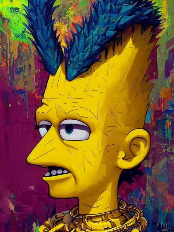 Prompt: art portrait of Bart Simpson,8k,by tristan eaton,Stanley Artgermm,Tom Bagshaw,Greg Rutkowski,Carne Griffiths,trending on DeviantArt,face enhance,hyper detailed,minimalist,cybernetic, android, blade runner,full of colour,