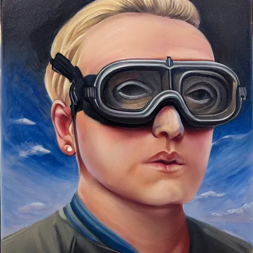 Prompt: square - jawed emotionless serious blonde woman starship engineer, tribal tattoos, handsome, short slicked - back hair, sweating, uncomfortable and anxious, looking distracted and awkward, wearing victorian dark goggles, flight suit and gloves, highly detailed, oil painting