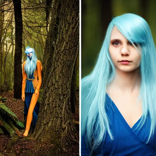 Prompt: a beautiful photo portrait of a forest elf, blue and golden hair, 8k, photography,