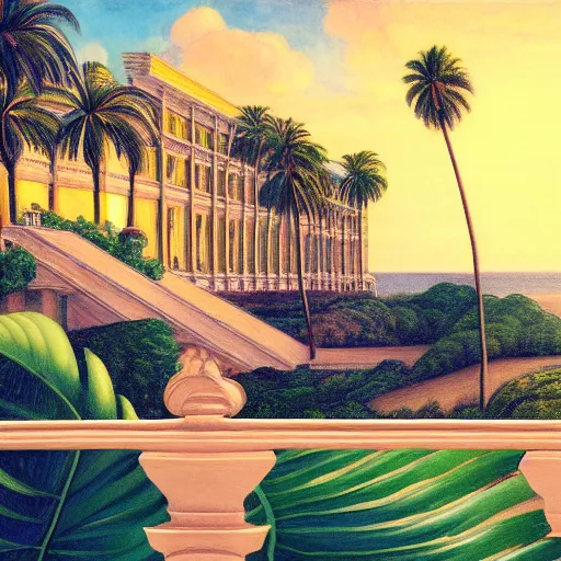 Prompt: a ultradetailed beautiful painting of the amazonas palace balustrade designed by edward robert hughes, tarsila do amaral, frank weston and gustave baumann, beach, trending on artstation, mediterranean, palm trees, detailed face, sharp focus, soft light, 8 k 4 k