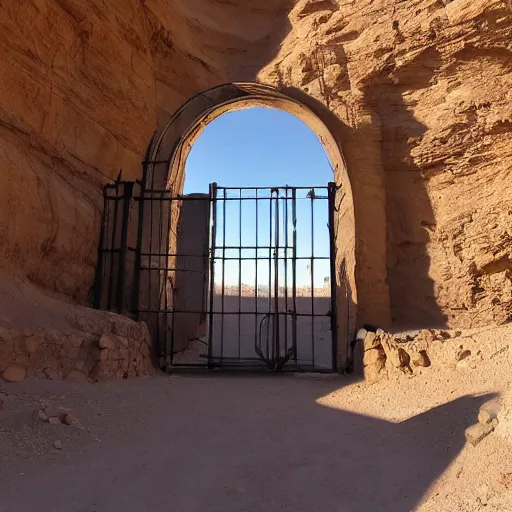 Prompt: a giant closed metal gate inside a secret laboratory in the desert