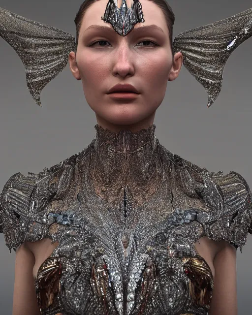 Image similar to a highly detailed metahuman 8 k close up render of bella hadid renaissance in iris van herpen dress schiaparelli in diamonds crystals swarovski and jewelry iridescent in style of alphonse mucha gustav klimt trending on artstation made in unreal engine 4