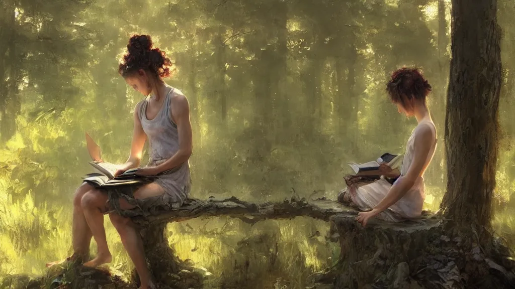 Prompt: girl reading on stump in the forest, curly messy high bun hairstyle, oriental tattoos, morning light, by jeremy mann and greg rutkowski, artstation, oil on canvas