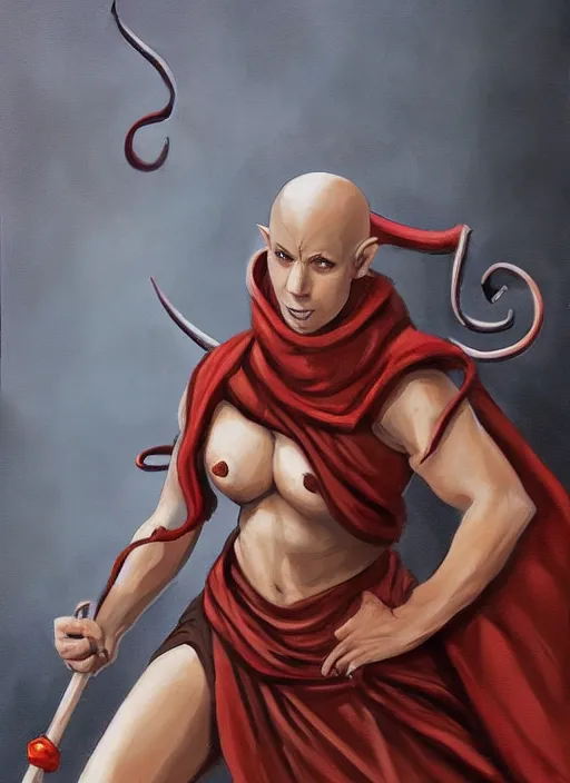 Image similar to a tough female d & d tiefling monk painted by raymond swamland